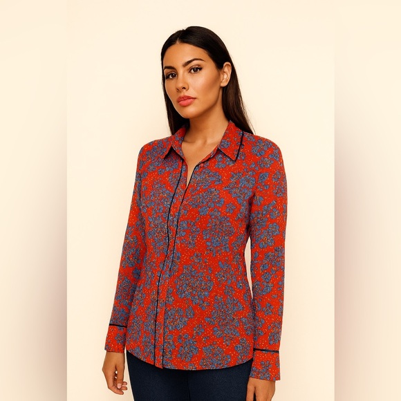 Diane Von Furstenberg Long-sleeve Printed Silk Shirt In Callow Bright Red - Picture 1 of 5